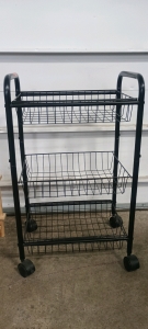 (3) Rolling & Freestanding Storage Racks - (1) Black Wire Rolling Cart (1) Wooden Slatted Shoe Rack (1) Gray Metal Rolling Bin Cart<br/>
