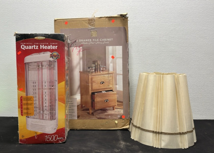 (1) 2 Drawer File Cabinet (1) Quartz Heater (2) Lamp Shades
