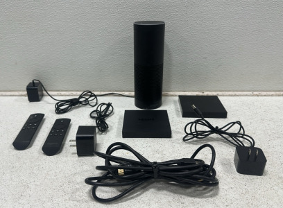 Amazon Echo Plus - Black (1st Gen), (2) Amazon Fire TV Boxes w/ Remotes - Black (1st Gen), (2) HDMI Cables