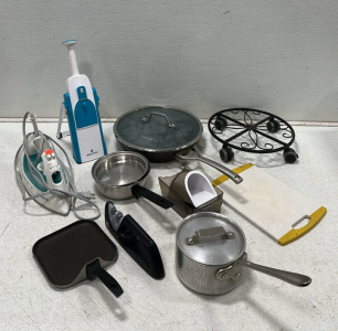 Assortment of Various Kitchenware Including: Pots, Pans, Mandolin, Cutting Board, and More!
