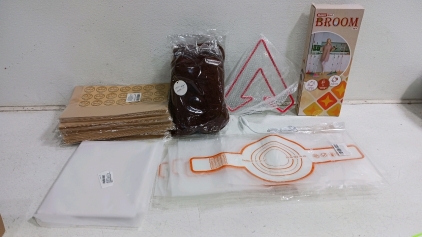 (17) Amazon Overstock Box - (1) Magic Broom Set (2) Red Wigs (1) Apex Legends Light Up Sign (7) Silicone Bread Slings (6) Kraft Paper Bread Bags (1) White Marine Vinyl Sheet