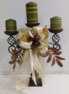 (4) Decorative Candle Arrangement - (3) Green Candles (1) Metal Candlestick Holder w/ Floral Accents