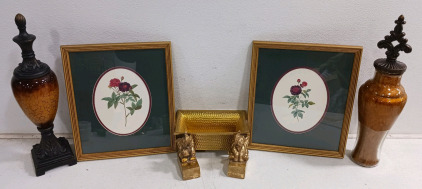 (5) Decorative Home Accents - (2) Framed Floral Prints (2) Glass & Metal Accents (2) Elephant Stand Decoration - Has Some Weight