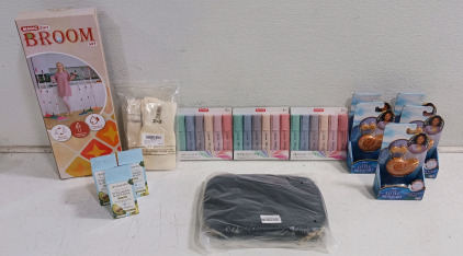(16+) Amazon OverStock Home Goods Mix Box - (1) 2-in-1 Broom Set (3) Essential Peel-Off Masks (1) Baseball Belt (2) Pairs Socks (3) Zeyar Highlighter Sets (5) Little Mermaid Necklaces (1) Black Zip Bag