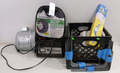 (6) Utility Garage Items - (1) Air Booster Fan (1) Crate of Chains (1) Battery Charger (1) AC Support Bracket (5) Pairs L-Shaped Brackets
