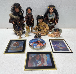 (4) Indigenous People Porcelain Dolls With Stands (4) Ceramic Figurines (3) Pictures (1) Decorative Plate