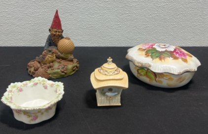 (1) Birdie Knome Sculpture By Clark (1) Antique Haviland White Porcelain Hand Painted Pink Roses Scalloped Gold Edge (1) Lenox Secret Garden Box Made In Thailand (1) Antique Guided Rose Patter Porcelain Trinket Dish With Lid