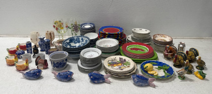 Assorted Dishes, Wine Glasses, Salt And Pepper Shakers, Plates, Bowls, And More