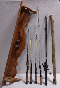 (6) Assorted Fishing Poles & a 4'Long Wooden Coat Rack w/ Shelf Space on Top
