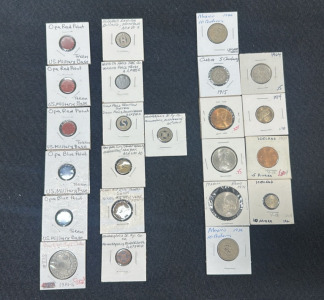 OPA Blue Point, Red Point and 1914 Barber Half Dollar Copy, (7) Mid-Century Transit Tokens - Sioux Falls, Manhattan, Minneapolis, Kingston and More, (10) Foreign Coins Icelandic Aurar, Cuban Centavos, Mexican Centavos, Pesos, and British New Pence