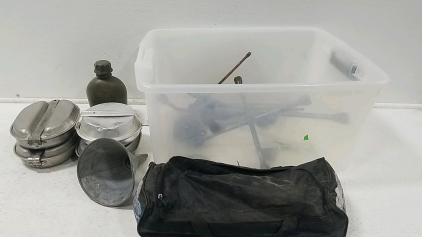 (4) Mess Kits, Canteen, Car Tire Chains, Box Of Various Tools and Hooks