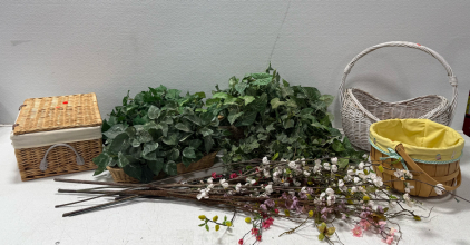 Assorted Fake Plants And Flowers- (3) Wooden Wicker Baskets