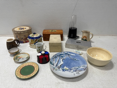 Assorted Dishes, Lenox Heart Goblet Pair in Box, Mugs, Plates, Metal Coin Box And More