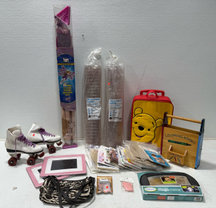 (2) Vinyl Carpet Runners 27&rdquo;W x 12ft L (1) Fairy 3D Nylon Kite 60&rdquo; Wingspan (1) Pair Of Roller Derby White Roller Blades Size 7 (1) Winnie The Pooh Suitcase (1) Safe Fit Baby In Sight Mega Mirror- Assorted Doll Clothes Patterns, Unbranded Small Purse And 