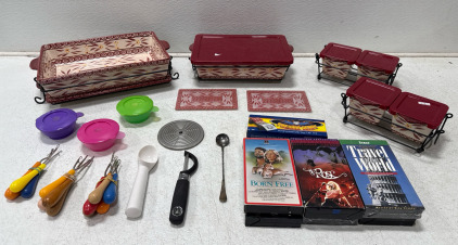 15 Pc Temptations by Tara Old World PINK Baking Dish, Trivet,Platter & 4 Storage- Assorted Movies, And Kitchen Supplies