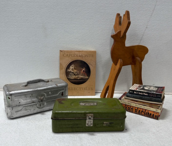 (1) Wooden Moose Decor, Books, And (2) Vintage Metal Tool Boxes