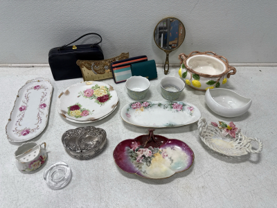 (4) Assorted Purses And Wallets (1) Vintage Hand Held Mirror- Assorted Vintage Glass Kitchenware And (1) Silver Plated Jewelry Box