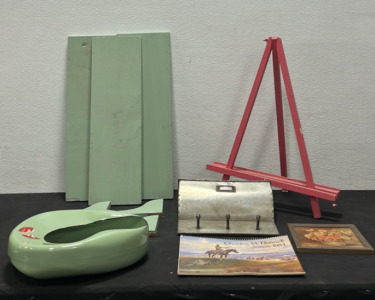 (1) Easle (2) Shelves (1) Hook Shelf w/ Storage (1) charles M. Russell 1984 Engagement Calendar (1) Jones Relaxed Bed Pan