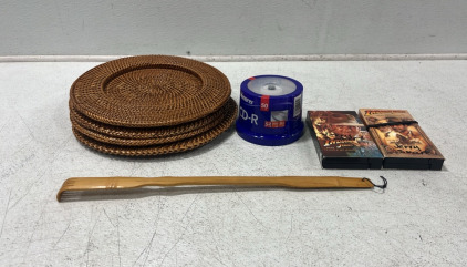 (2) Indinana Jones Movies (1) Memorex CD-R 50 Pack (1) Back Scratcher & More