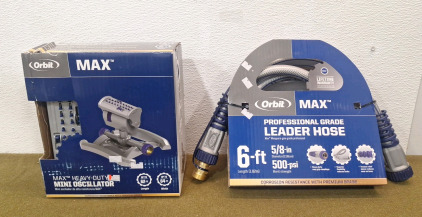 (1) Orbit Max Heavy Duty Mini Oscillating Sprinkler & (1) Orbit Mak 6-Foot 5/8" Leader Hose
