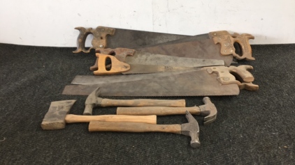 (7) Various Saws, (3) Hammers, Hand Axe
