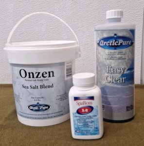 (1) 4.4-Pound Bucket Of Artic Pure Onzen Sea Salt Blend, (1) 32-Oz Bottle Of Artic Pure Easy Clear & (1) 7-Oz Bottle Of Spa Boss X-It