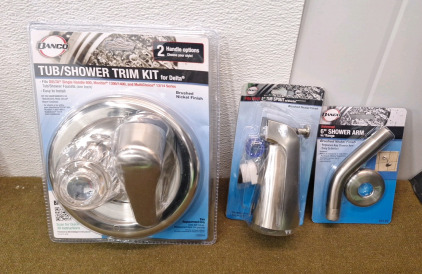 (1) Danco Tub / Shower Trim Kit For Delta, Brushed Nickel Finish, (1) 5" Tub Spout W/ Diverter, Brushed Nickel Finish & (1) Danco 6" Shower Arm W/ Flange, Brushed Nickel Finish