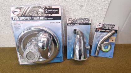 (1) Danco Tub / Shower Trim Kit For Moen, Chrome Finish, (1) 5" Tub Spout W/ Diverter, Chrome Finish & (1) Danco 6" Shower Arm W/ Flange, Chrome Finish