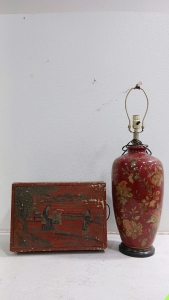 (2) Asian-Inspired Decor - (1) Lacquered Storage Box (1) Floral Table Lamp