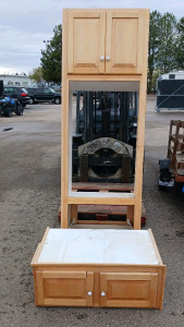 (2) Maple Finish Storage Cabinets - (1) Microwave Hutch Cabinet - 30"x24"x83⅝" (1) Lower Double-Door Cabinet - 36&frac34;"x24"x14"