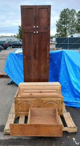 (4) Mixed Cabinet Lot - (1) Small Maple Cubby Cabinet (1) Thin Upper Cabinet Box (1) Oak Double-Door Wall Cabinet (1) Tall Espresso Double-Door Cabinet - 30"x24"x85"