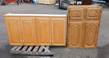 (2) Wall Mount Storage Cabinets - (1) Maple Double-Door Cabinet - 57&frac12;"x12&frac12;"x31" (1) Oak Four-Door Cabinet - 29&frac12;"x12⅛"x42&frac14;"