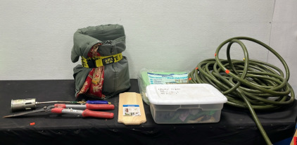 (1) Sleeping Bag (1) Garden Shears (1) Blow Torch Attatchment (1) Address Plaque (1) Container of Gloves (1) High Density Chair Pad Foam (1) Hose