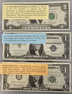 1976 Bicentennial $2 Note, $1 Silver Certificate, Scarce $1 Barr Note