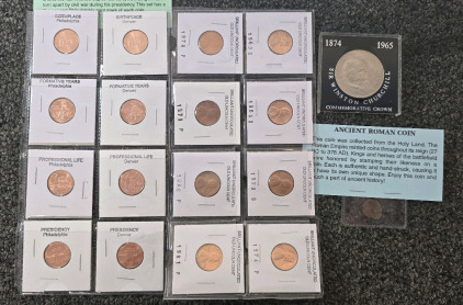Sir Winston Churchill Commemorative Crown, Ancient Roman Coin, (8) 2009 Lincoln Cent Series Coins, (8) Uncirculated Old Lincoln Cents