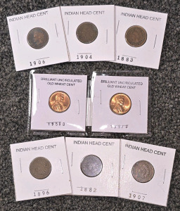 (2) Uncirculated Old Wheat Cents, (6) Indian Head Cents