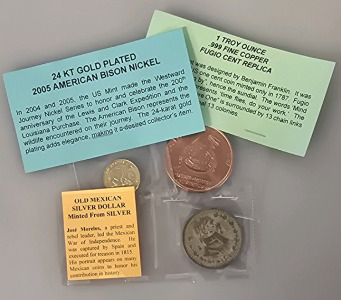 2005 Bison Nickel Gold Plated, .999 Fine Copper Fugio Cent Replica, Old Mexican Silver Dollar