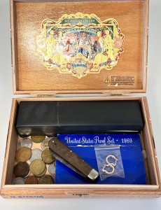 Vintage Cigar Box With Collectible Contents: Coins, Tokens, Sterling Bracelet, Earrings, Proof Set Coins (1969) And More