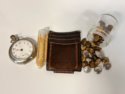 Ariat Leather Card Holder With Clip, (3) Small Viles Of Leaf/ Flake Gold, Pocket Watch Standard USA Sterling Case And Vintage Brass And Silver Toned Buttons