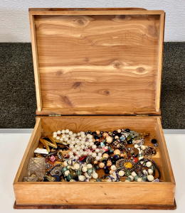 Vintage Cedar Jewelry Box Full Of Jewelry, Pins And Collectibles