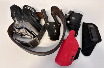 Leather Gun Belt, (3) Holsters And (2) Conceal Carry Holsters
