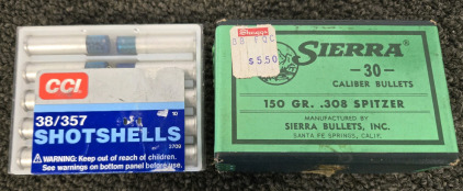 (10) CCI 38/357 Shotshells Unopened, (21) Sierra 150 GR. .308 Spitzer Caliber Bullets