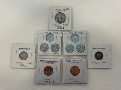 1927 Liberty Quarter, Mercury Dime, 1892 Barber Dime, (6) Steel War Pennies, & (2) Old Wheat Pennies