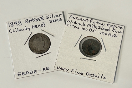 Ancient Roman Empire Widows Mite Sized Coin And 1898 Barber Liberty Head Silver Dime
