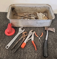 Various Tools, Large Crescent Wrench, Channel Locks, Vice Grips, Hatchet, Jumper Cables, LED Flashlight, New Wooden Feet For Chair and Much More.. - 2