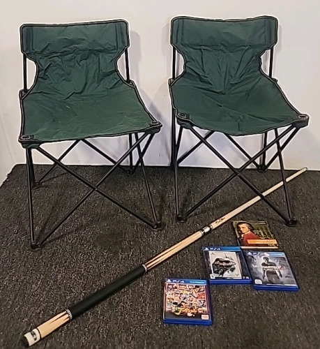 Classic Maple Pool Stick, (2) Small Camp Chairs, (3) PS4 Games And A Classic Composer's Disc (Mozart)