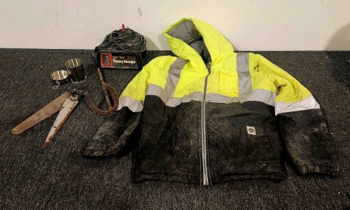 XL Buffalo Outdoors Hi Visability Hooded Winter Jacket. Manual Battery Charger Outdoorsy Saw Collapsible Cup and Horseshoe Fishing Pole Holder.