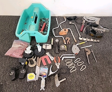 Various Tools 2 Speed Wrenches. 2 Cart Wheels .2 Metal Hooks . 2 Cobra Walkie Talkies.. Stanley 16' Tape Safty Glasses and Much More..