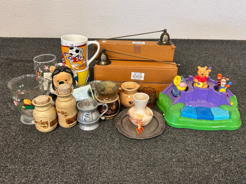 Box Of Collectibles: Winnie The Pooh Glassware and Toys, Salt and Pepper Shakers, Candle Snuffers, and More