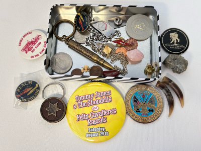 Tin Box With Collectibles Including: Pins, Coins, Polished Stones and More